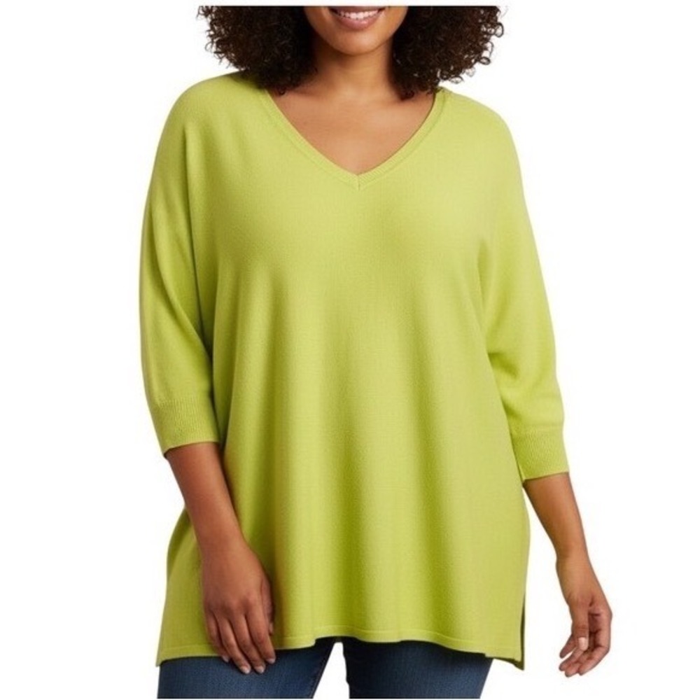 FIRST LOVE By Lovelyn PEA GREEN Ribbed Trim SHORT SLEEVE Knit Sweater Sz 3X